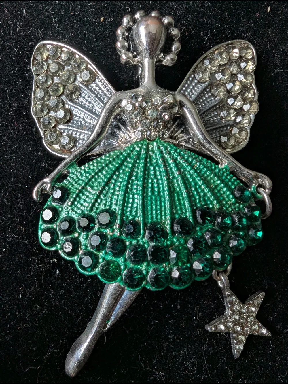 Silver Fairy Brooch with Green Crystal Skirt - #44